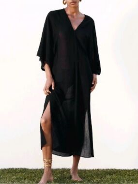 Zara Black V-Neck Long Swim Cover-Up Caftan